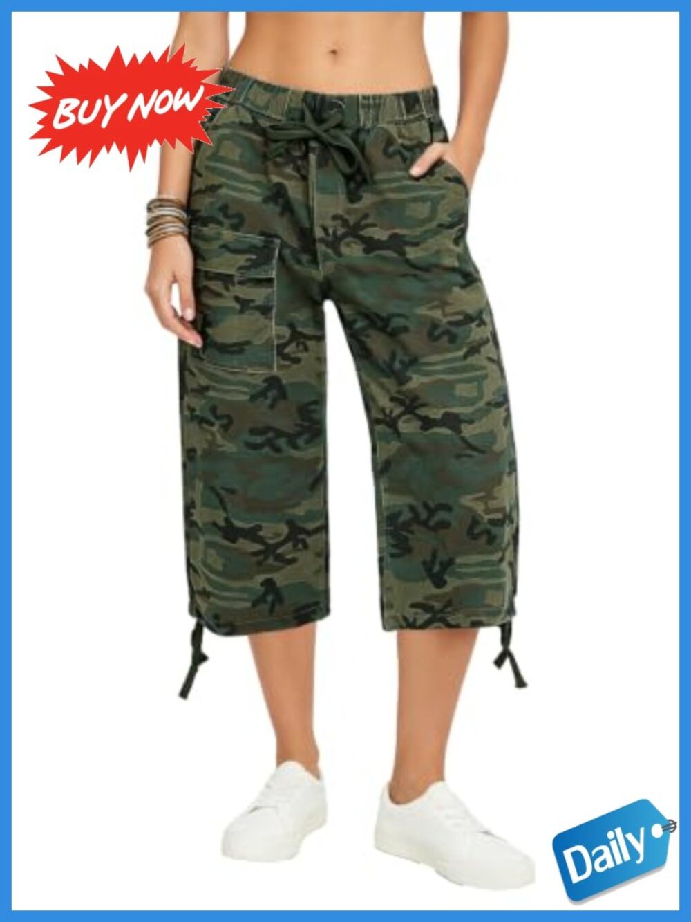 100% Cotton Women High Waisted Camo Cargo Capri Drawstring Barrel Y2k Jean Pants